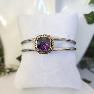 Silver Open Cuff Bracelet with Amerhyst Purple Crystal Stone